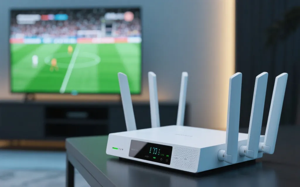 路由器与电视端直播画面，强调稳定网络与高清观赛