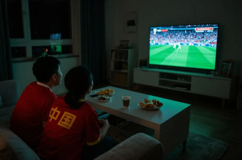 中国球迷在深夜观看世界杯直播的居家场景
